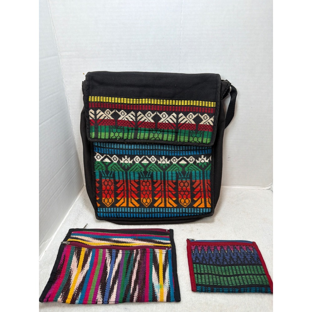 VTG Guatemala Messenger Bag Large Black Multicolor Woven Tribal Artisan 3pc Set